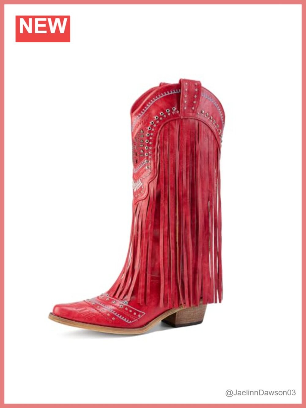 Faux Leather Fringe Cowboy Boots Mid Calf Chunky Heel Embroidered Pull On